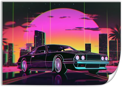 Vaporwave 80s Retrowave Neon Cityscape Synthwave Nostalgic Car Posters for Room Living Room Bedroom Decor Aesthetic Art Prints Car Wall Decor Canvas Wall Decor Framed Unframed 12x18inch30x45cm