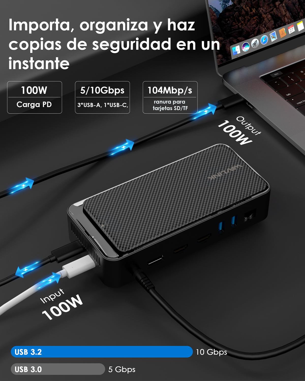 WAVLINK Docking Station Triple Display 3 * 4K@60Hz | 12 en 1 USB C Docking Station con SSD Enclosure M.2 PCIe/SATA de 10Gbps, PD de 100W, USB C/A, Gigabit para Windows y Mac OS