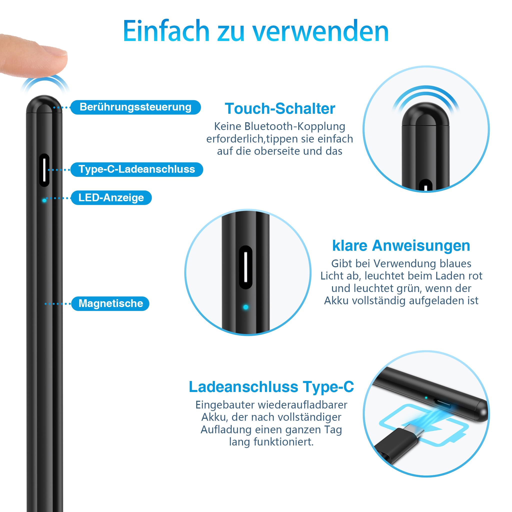 Penna Stilo per iPad 2018-2022, DARLYOR Stilo dell'iPad 2a Generazione con Rifiuto di Palmo, Sensibile all'inclinazione, Pennino Magnetico per iPad 6/7/8/9/10/Air 3/4/5/Mini 5/6/Pro 11/Pro12.9-Nero