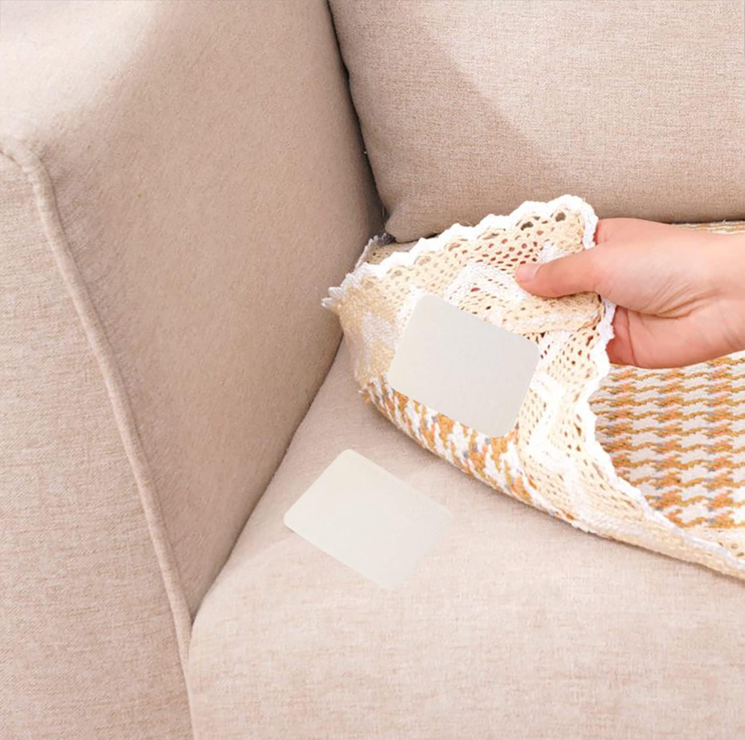 Mini Skater Square 3 x 2 Inch Heavy Duty Sticky Back Hook Strips Self Adhesive Loop Tape Fastener with Adhesive for Bed Sheet Sofa Carpet Cushion Mats Supplies,(15 Sets,Beige)