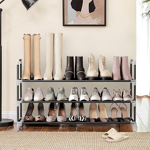 Miniatura 6 de Zapatero apilable de 3 niveles no tejido para entrada, armario, baño 11.8 in de profundidad x 36.2 in de ancho x 21.7 in de alto, negro