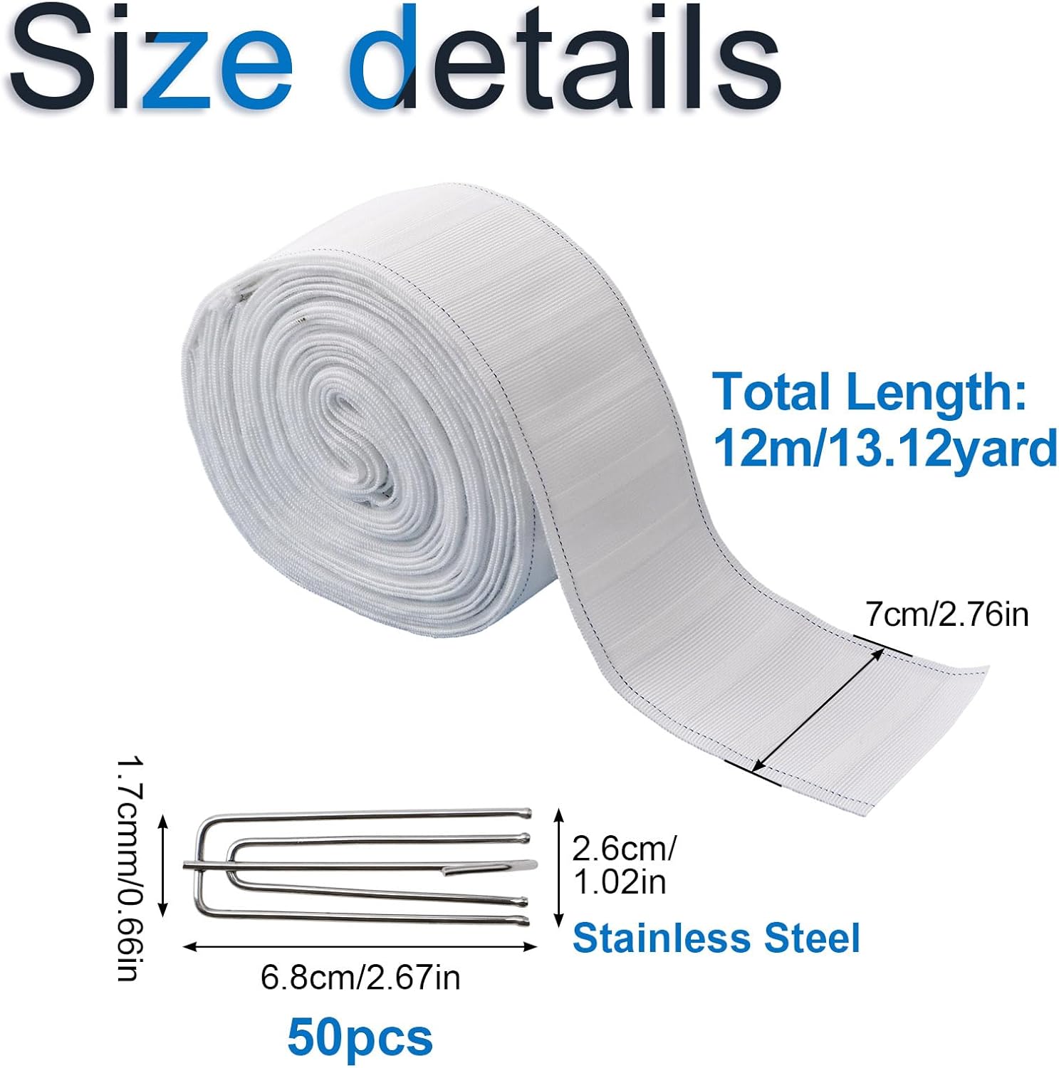 INCREWAY Curtain Pleat Tape, 12 Meters/13.12 Yards Pleater Tape for Curtains with 20 Pcs Stainless Steel 4 Prongs Curtain Pleat Hooks for Drapes for DIY Pinch Pleat Tape White