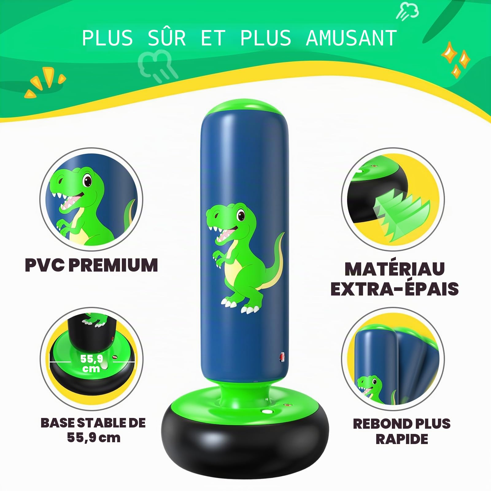 Sac de Boxe pour Enfants QPAU, Sac Boxe Gonflable Pied 3-8 Ans, Cadeaux Enfants, Set Debout Karaté Taekwondo