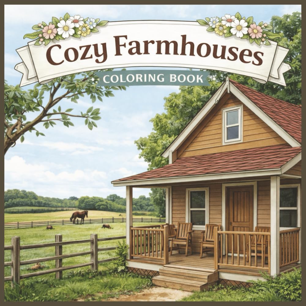 Cozy Farmhouses Coloring Book: Peaceful Country Homes and Relaxing Porch Scenes (Cozy Coloring Books)