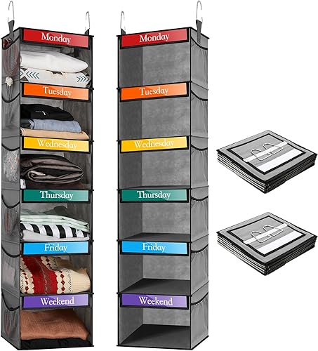 Amylove Paquete de 2 organizadores semanales de ropa de 6 estantes para niños con bolsillo lateral, organizador de ropa para días de la semana de 47