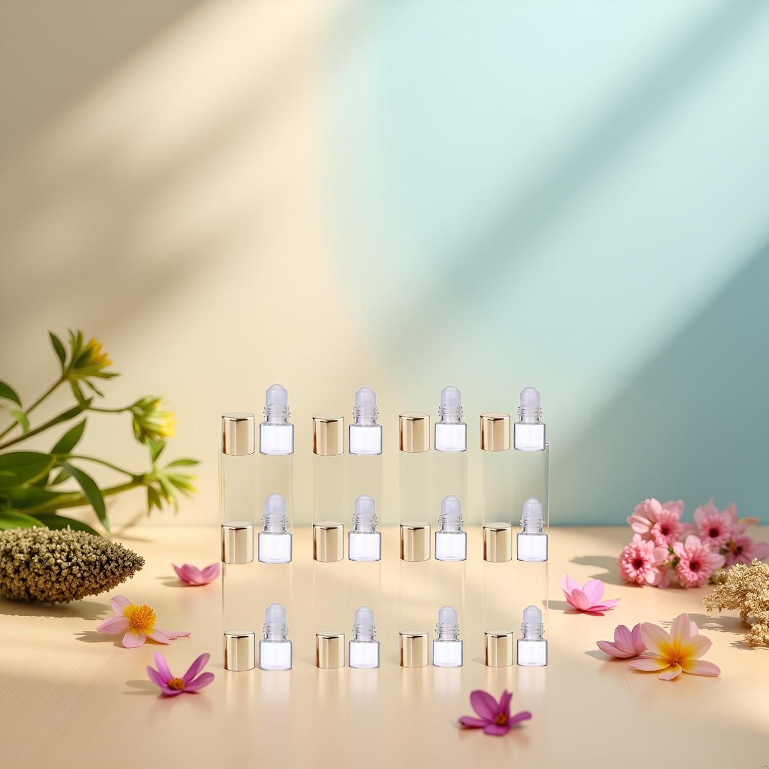 12Pcs Gold Glass Roll-on Bottles for Essential Oils,1ml,Mini Glass Roll on Bottles Roller Refillable Essential Oil Aromatherapy Sample Vials Roller Container,Refillable Cosmetic Roller Bottles
