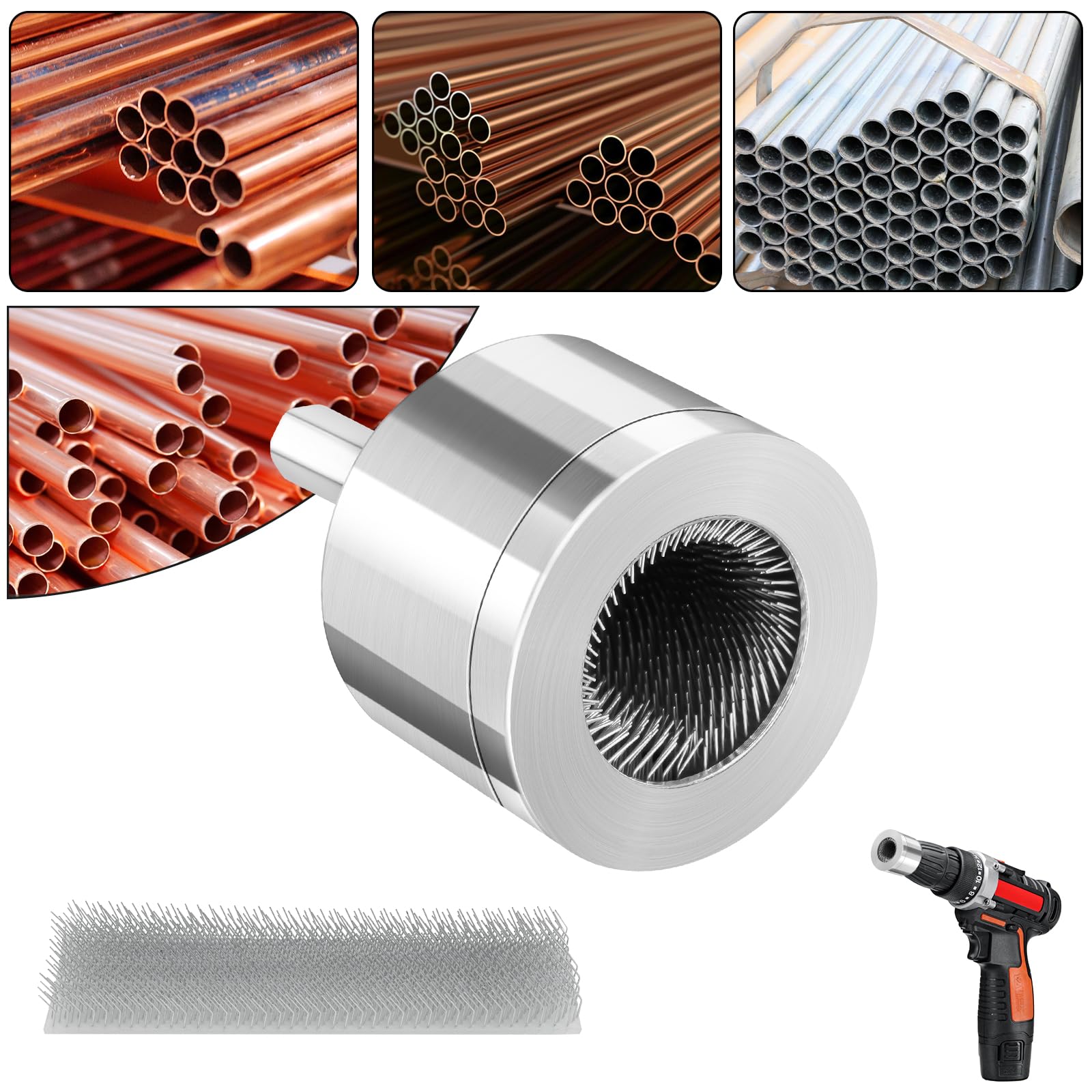 Flintronic Copper Pipe Cleaner, 15mm Drill Tube Cleaning Brush with Replaceable Brush, Metal Copper-Pipe Cleaners Plumbing