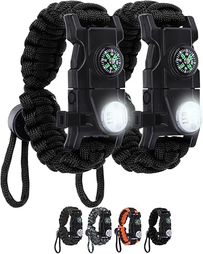 Pulsera de cuerda de paracaídas de supervivencia ajustable, paquete de 2 kits de inicio de fuego de emergencia con silbato fuerte, brújula, luz de
