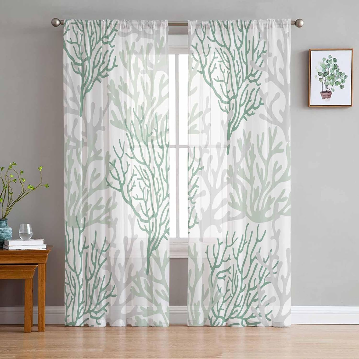 Teal Grey Coral Coastal Sheer Curtains 84 Inch Length 2 Panels Set Window Treatments, Summer Beach Seaside Nautical Rod Pocket Semi Curtains for Living Room/Bedroom/Kitchen 104" W x 84" L