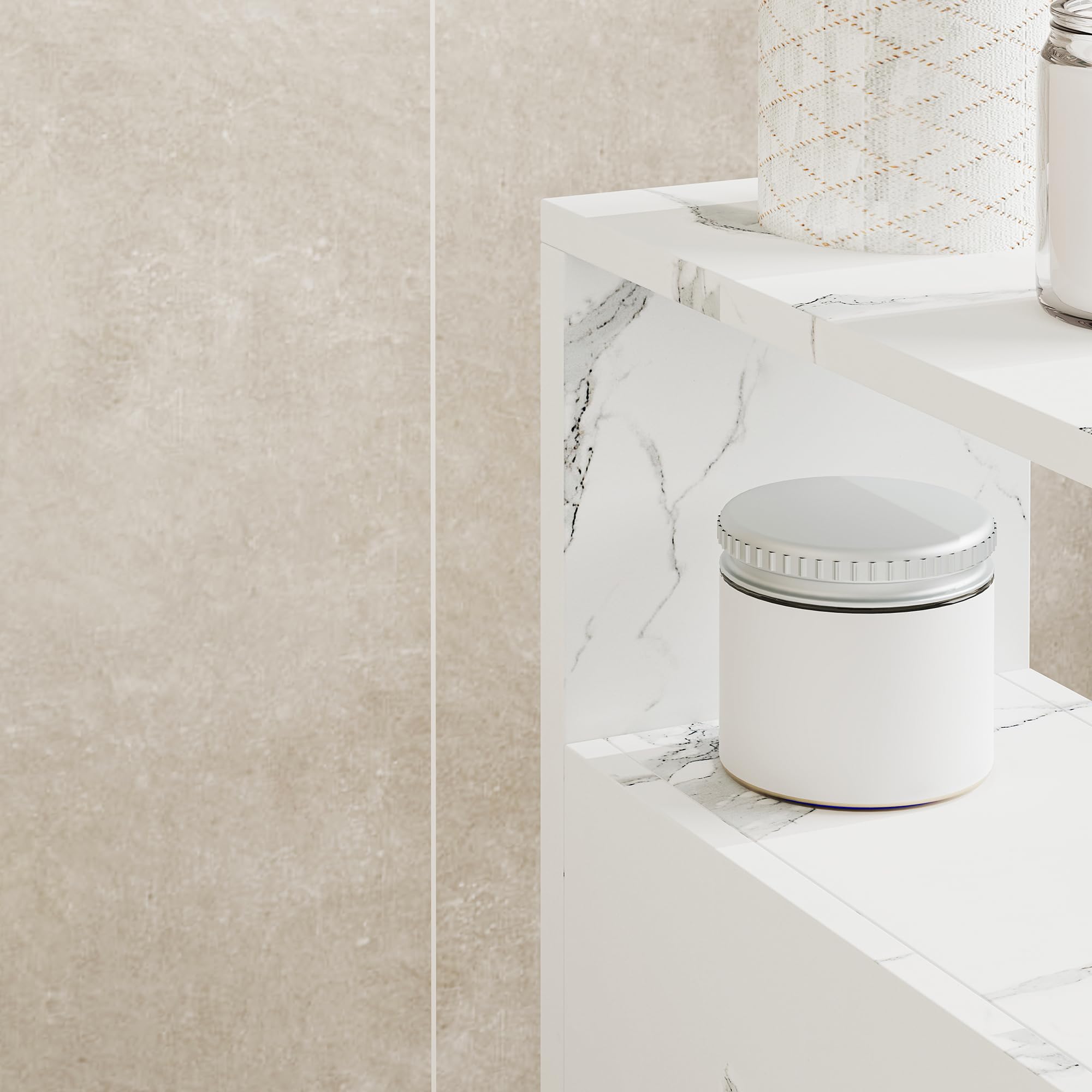 [en.casa] Mobile da Bagno Stretto a Rotelle con 2 Cassetti e Scomparto Aperto Armadietto Estraibile Multiuso per Cucina Lavanderia Ufficio 66 x 15 x 33 cm - Effetto Marmo Bianco