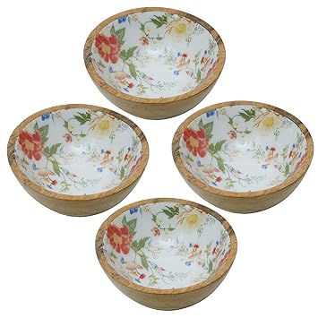 Nestroots Bowl Set for Snacks Set of 4 Mixing Bowls for Kitchen | Salad Bowl Printed Wooden Desert Bowl for Serving Mixing Bowl Mango Wood with Decaling Print | White Floral 6 inches Diameter