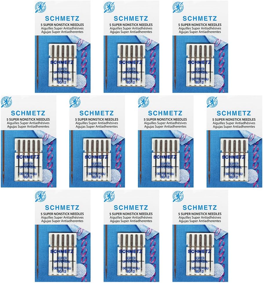 SCHMETZ Super Nonstick Super Universal Sewing Machine Needles - Embroidery, Vinyl & Adhesive Supplies, Size 80/12, 5-Needle Cards, Pack of 10