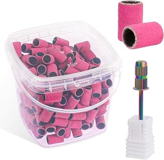 Difenni Sanding Bands for Nail Drill,200Pcs Pink Nail Sanding Bands Extreme Fine#240 Grit Professional Sanding Bands with Storage Box and 3/32Inch Rainbow Mandrel Nail Drill Bits