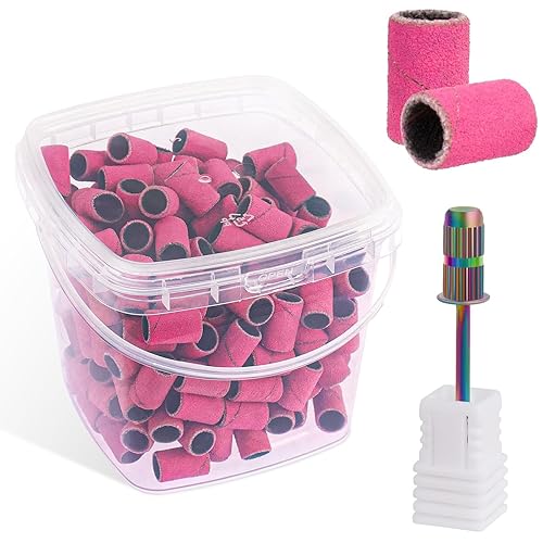 Difenni Bandas de lijado para taladro de uñas, 200 bandas de lijado de uñas rosadas, bandas de lijado profesional de grano #240 con caja de