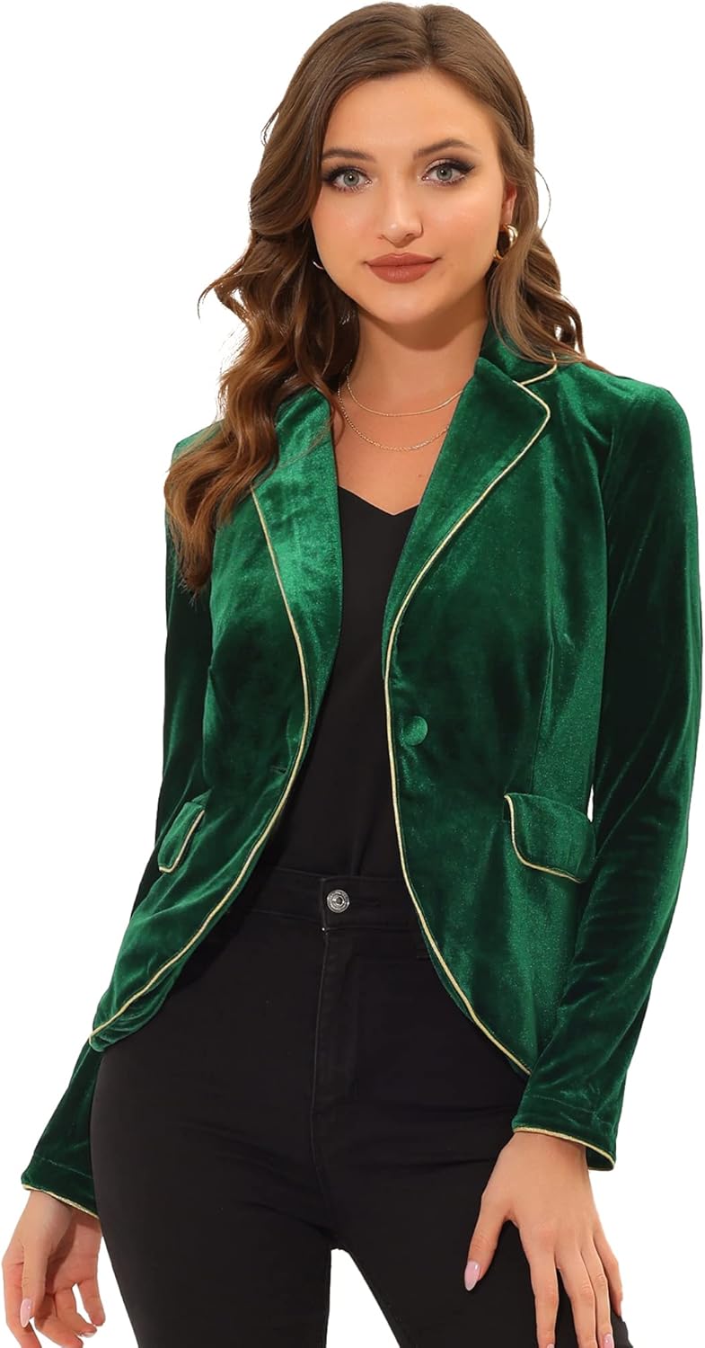Allegra K Women's Suit Jacket Notched Lapel 1 Button Office Velvet Blazer - Image 2