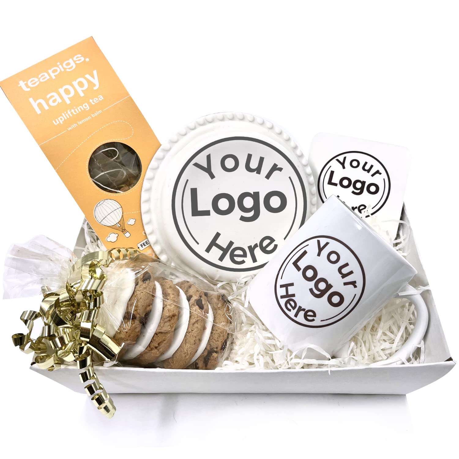 Luxury Bespoke Corporate Logo Gift Hamper with Personalised Cake, Mug, 6 Cookies, Tea Set and Coaster, delivered next day! Upload your business logo to Cups, biscuits and place mats