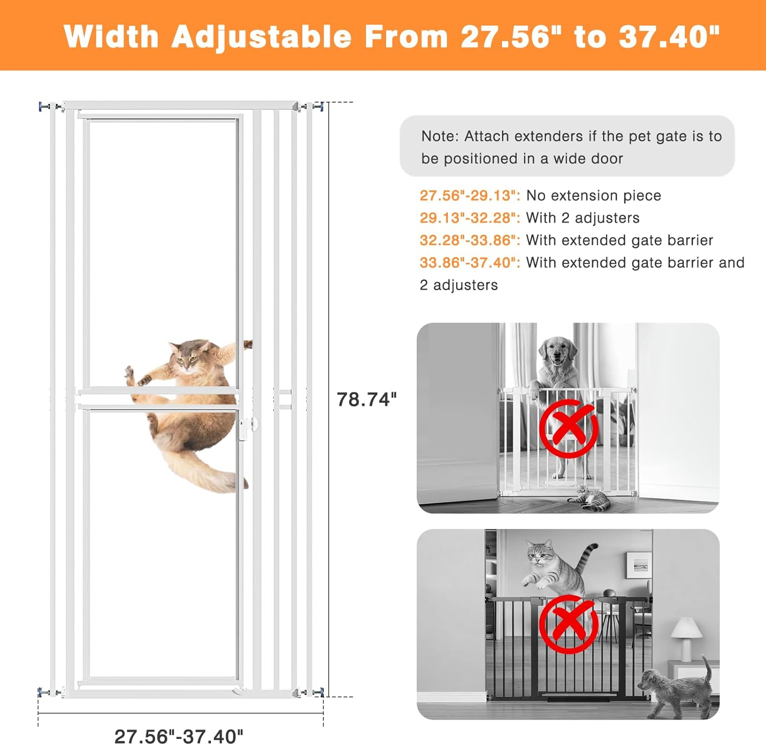 78.7" Extra Tall Transparent Cat Gate for Doorway, Clear PC Board Pressure Mounted Full Door Pet Gate, Jump-Proof Safety Barrier with Auto Locking, Dog Gate Adjustable Width 27.6"-37.4", No Drill