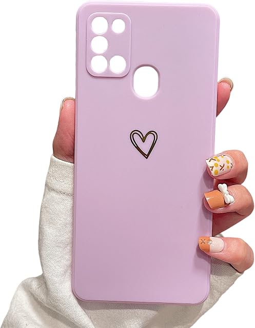 ZUKKASHAN Compatible with Samsung Galaxy A21S Case for Women Girls, Soft Liquid Silicone Bronzing Love- Heart Pattern Slim Thin TPU Shockproof Case for Samsung Galaxy A21S (Purple)