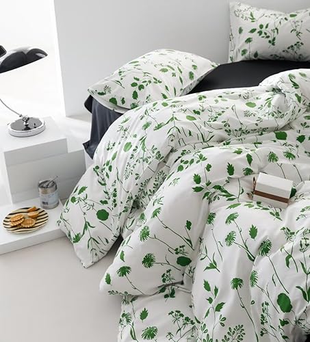 Miniatura 5 de KAREVER Juego de edredón botánico tamaño individual, color blanco y salvia, diseño de plantas florales para niñas, patrón de jardín impreso en manta