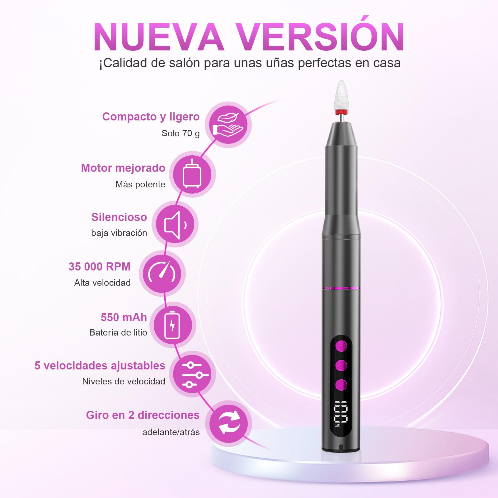 POFIBO Torno para Uñas Profesional - Lima Eléctrica uñas 35000RPM - 12 en 1 Torno para Uñas USB con Brocas de Cerámica - Manicura y Pedicura Eléctrico Profesional para Salón
