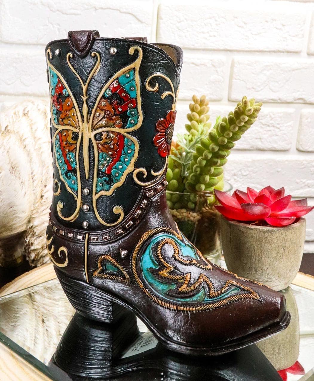 Ebros Gift Rustic Western Country Turquoise and Red Fancy Butterfly with Heart Brown Faux Tooled Leather Cowgirl Cowboy Boot Decorative Flower Bouquet Vase Or Planter Figurine 7" High