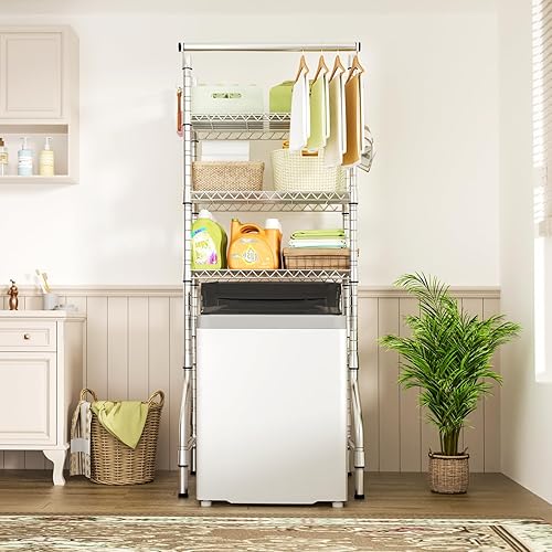 Miniatura 5 de Ulif U11 Mini Estantes Sobre Lavadora y Secadora, 3 Niveles de Almacenamiento y Organizador para Cuarto de Lavado Estante de Pie, Perchero de Secado