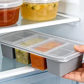 Moldes de silicone para freezer com tampas – cubos de sopa para congelar lasanha, sobras, sopas, molhos, caçarolas, refeições de preparação de refeições e muito mais (cinza, 4 compartimentos, 29,5 x
