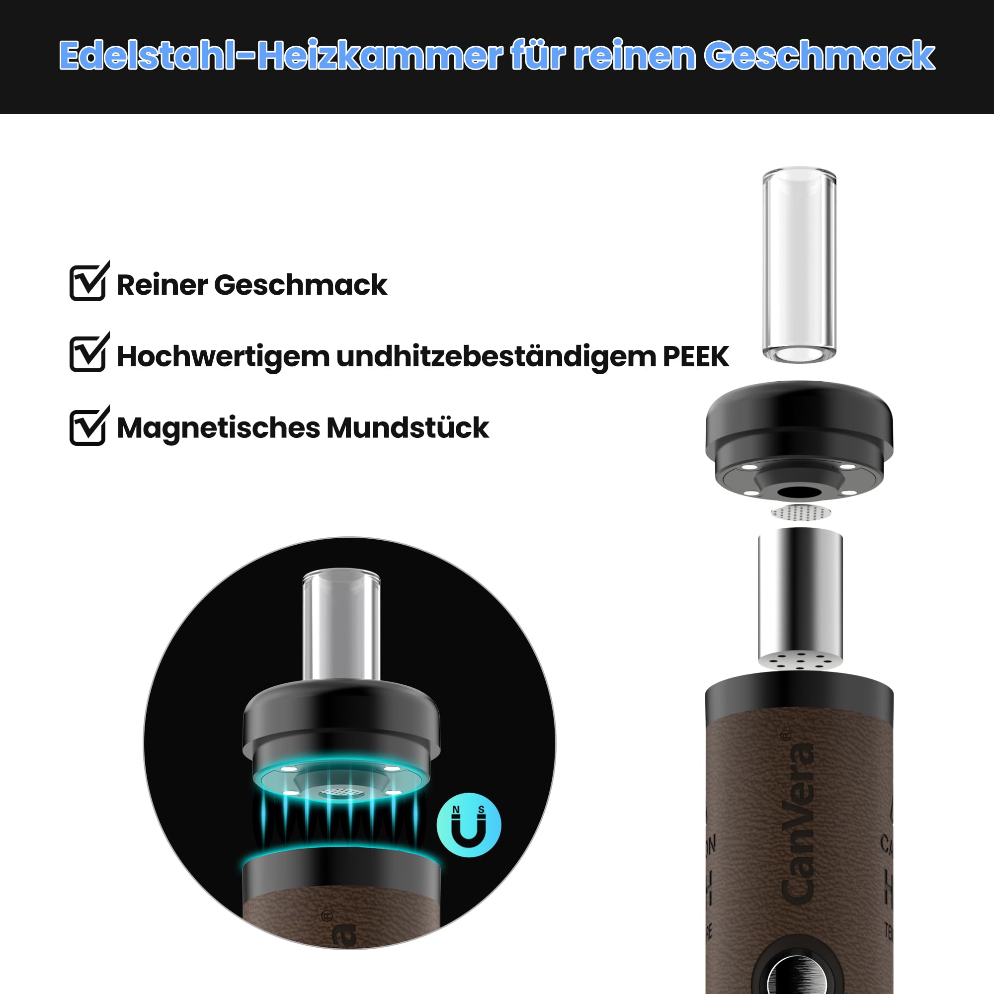 Premium Vaporizer Kräuter | Verdampfer für Kräuter mit 3 Temperaturstufen | Glasmundstück Vapo-rizer| Sehr kompakt | Soft-Touch-Finish | Edelstahl-Kammer | Einfache Reinigung