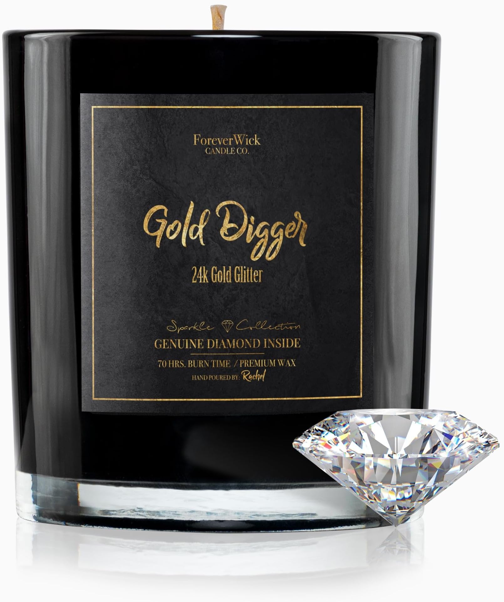 Gold Digger Sparkle Sandlewood & Amber Surprise Candle with Diamond Inside | Foreverwick Candles | Scented Soy Candles Gifts for Women Aromatherapy Candle | All-Natural Organic Soy Candle 14oz | 70h