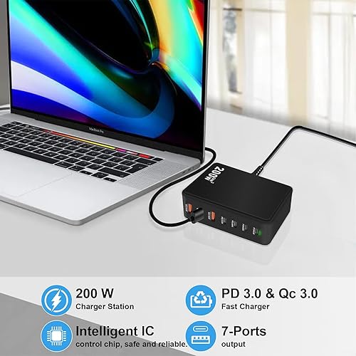 Miniatura 4 de Bloque de carga USB C de 200 W, estación de carga rápida de 7 puertos, PD de 45 W, adaptador de ladrillo para laptop compatible con MacBook ProAir,