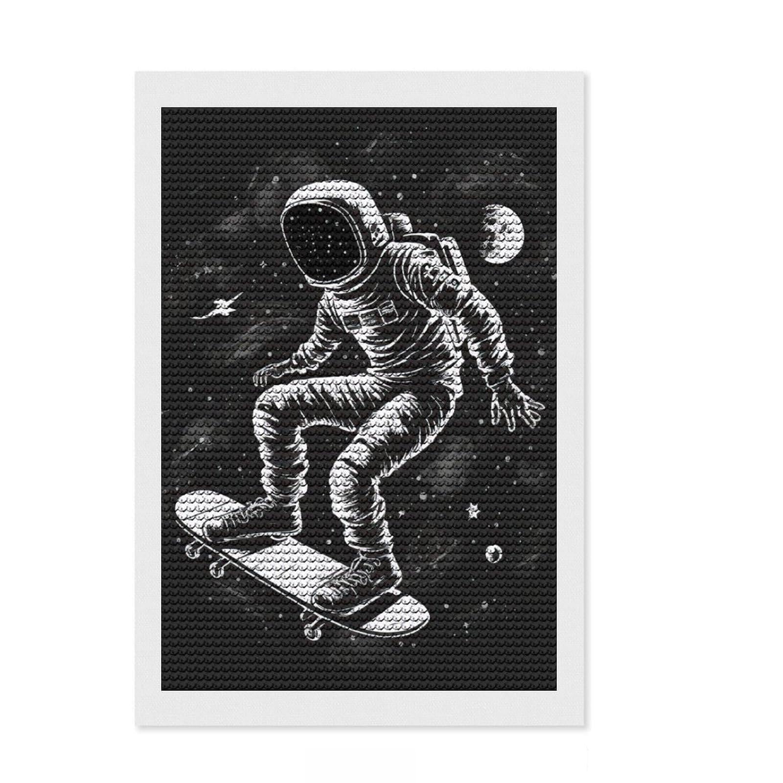 Junmoney Astronaut on A Skateboard DIY Diamond Art Canvas Kit 8"x12", Farmhouse Decor, Cute Room Decor, with Tool Kit, Fun Craft Activity