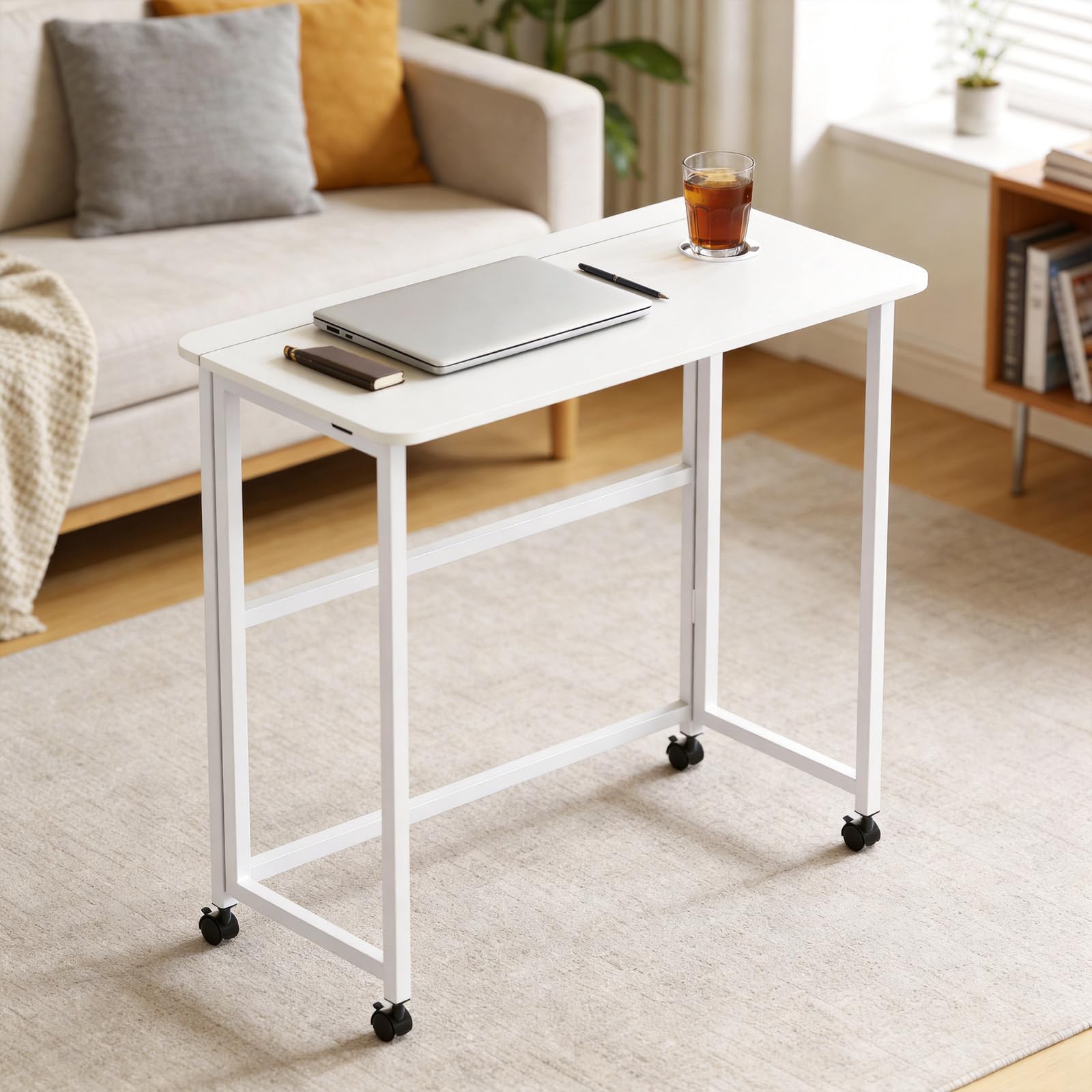 Huracan Klappschreibtisch, Kleiner Schreibtisch Klappbar mit Rollen, Höhenverstellbar 80x40x74 cm, Multifunktionaler Schreibtisch für Home Office, Arbeiten & Hobbys, Ergonomisch, Platzsparend, Weiß