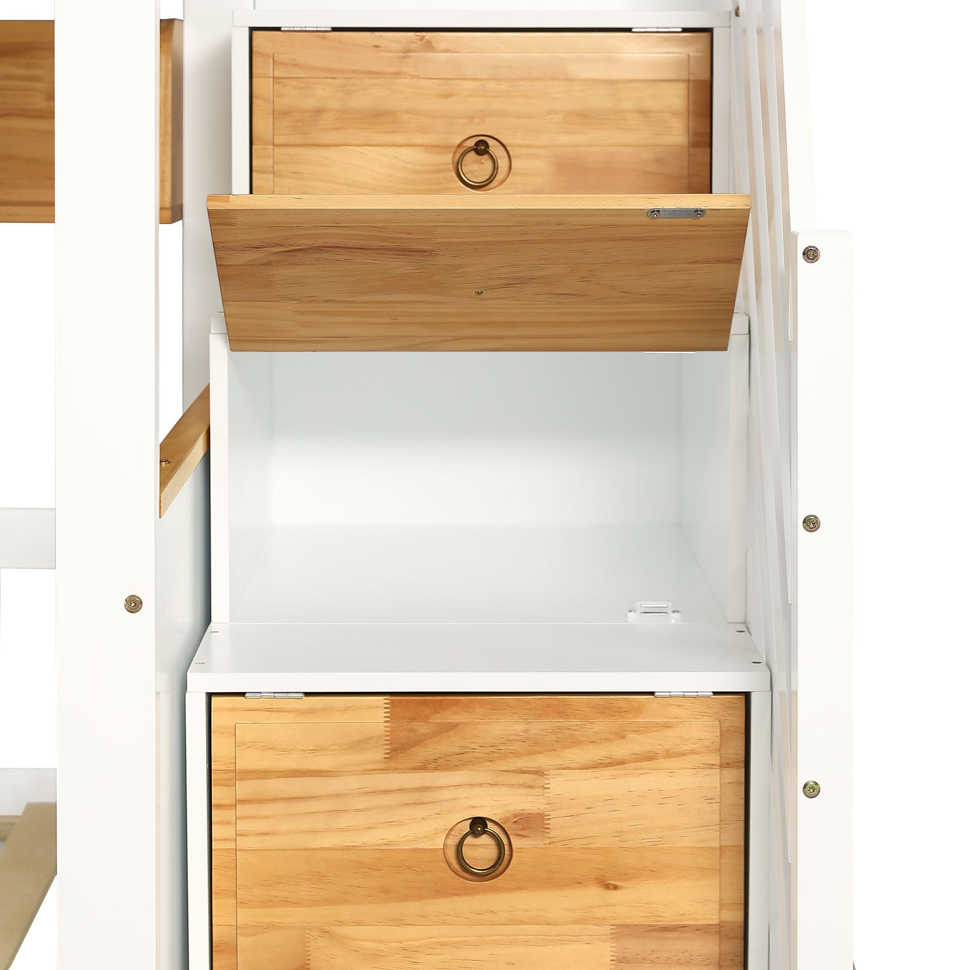 Idemon Letto a castello con scale, lavagna, mensole e scaffali, telaio in legno di pino e MDF, lettino con 4 armadietti nelle scale, con griglia anticaduta e 2 cassetti, bianco+naturale, 90 x 200 cm