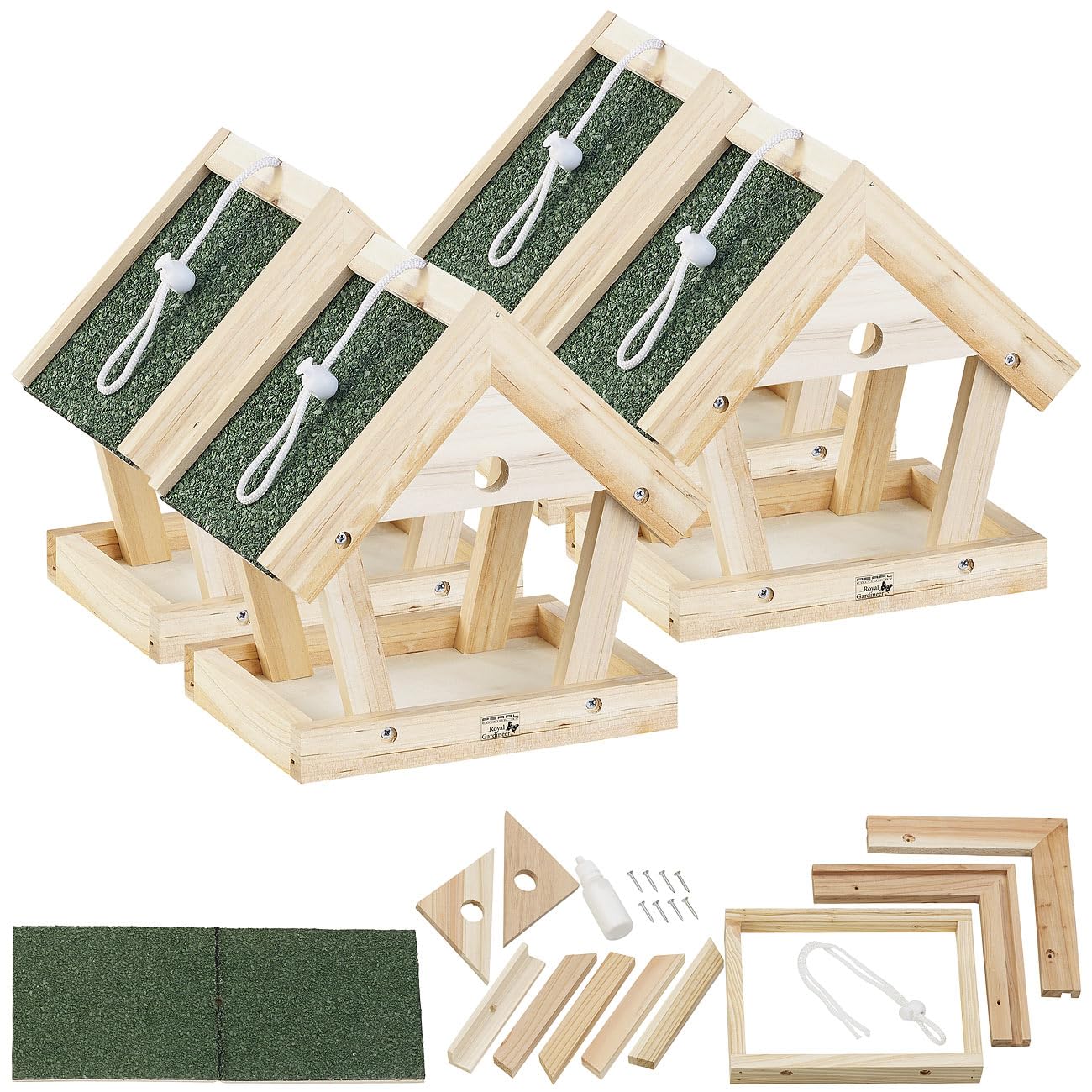Royal Gardineer Vogelhaus-Bausatz Kinder: 4er-Set Vogel-Futterhaus-Bausätze aus Echtholz, zum Aufhängen (Echtholz Vogelhaus Bausatz, zum Selberbauen, Spielzeug)