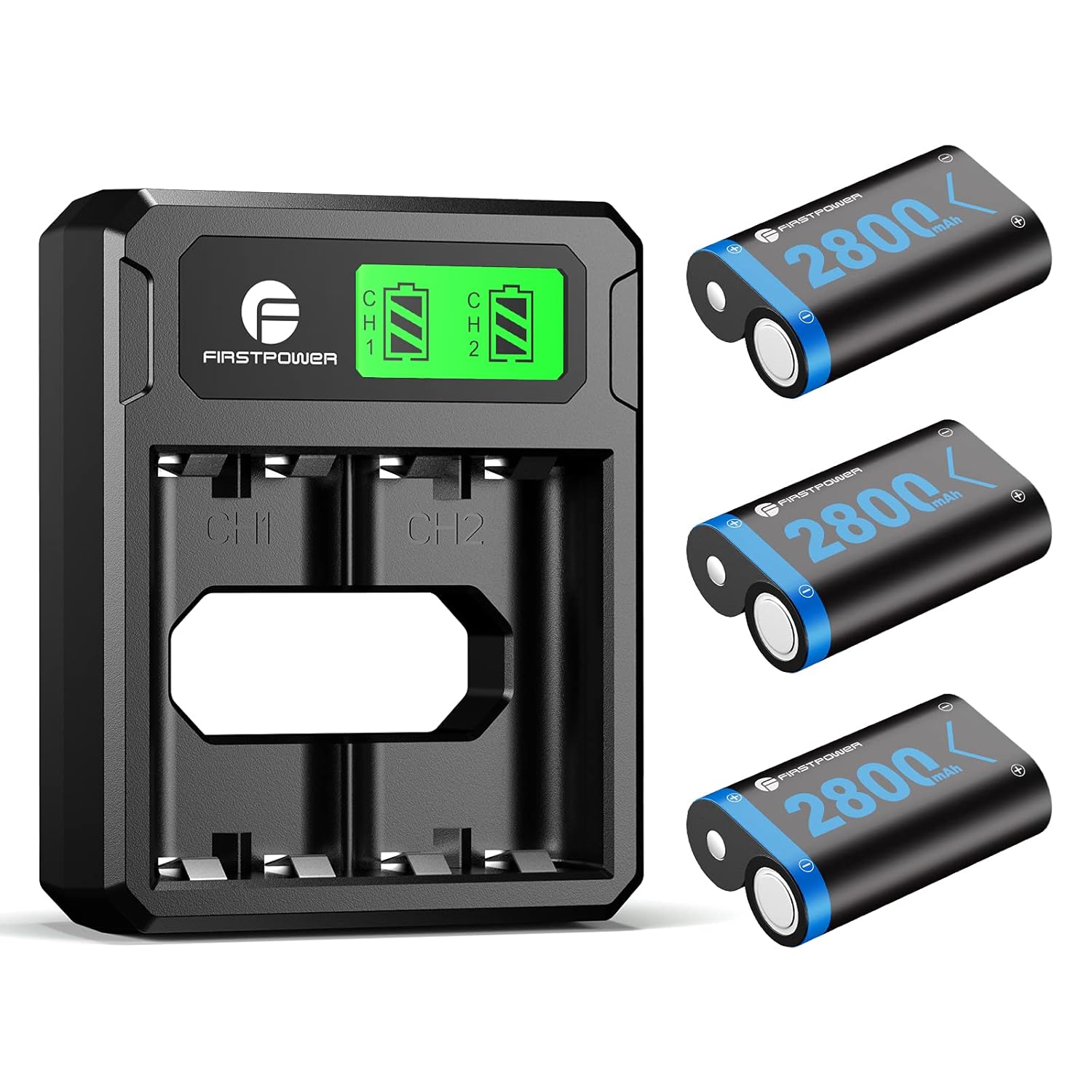FirstPower 2800mAh Xbox Controller Battery Pack with LCD Dual Charger for Xbox One/Xbox One X/Xbox One S/Xbox One Elite/Xbox Series X/S Batteries Kit (3 Batteries + Charger)