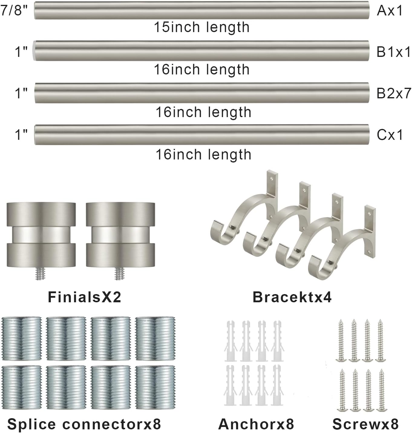 16-150 inch Long Adjustable Matte Nickel Curtain Rods,1 inch Diameter Splicing Heavy Duty Rod Set with Aluminum Finals for Windows, Door, Drapery