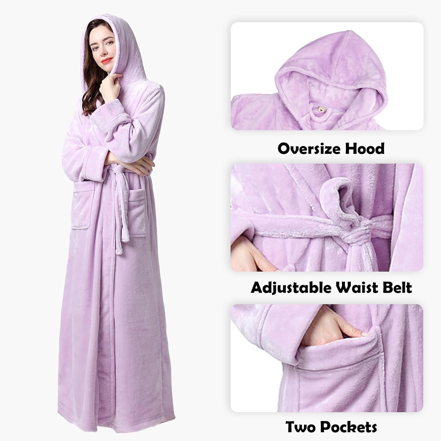 Oksun Womens Long Fleece Robe: Floor Length Flannel Hooded Bathrobe, Plush Warm Winter Housecoat, Fluffy Soft Cozy Nightgown - Image 5