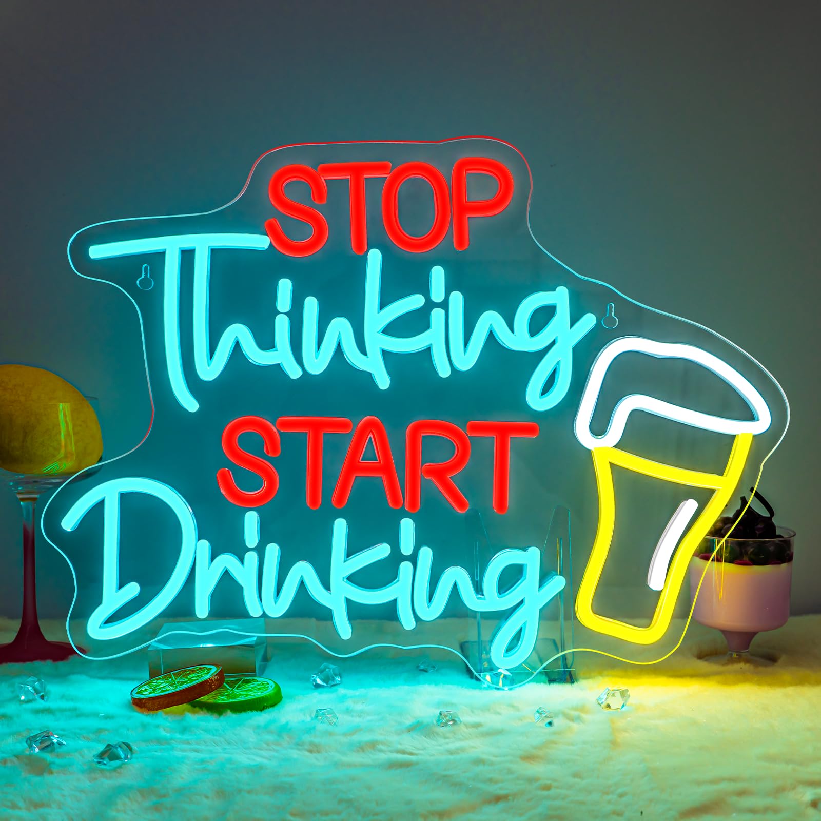 DREAMFORT Stop Thinking Start Drink Beer Neon Sign Fun LED Bar Wall Decor for Pubs, Man Caves & Party Basements USB-Powered Adjustable Brightness Drinking-Themed Humor Decor
