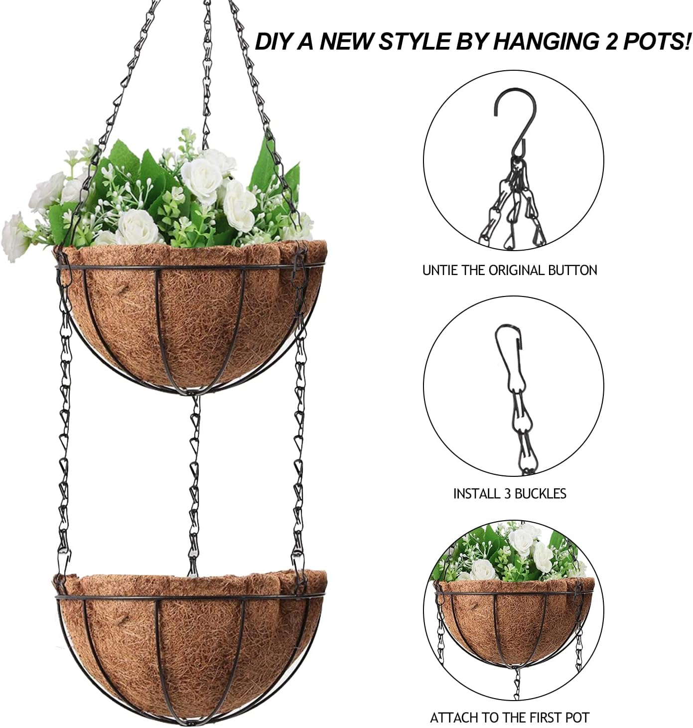 Wizdar 2PCS Metal Hanging Planters Basket with Coco Coir Liner 14 Inch Round Wire Plant Holder Porch Decor Flower Pot Hanger Garden Decor Watering Hanging Baskets