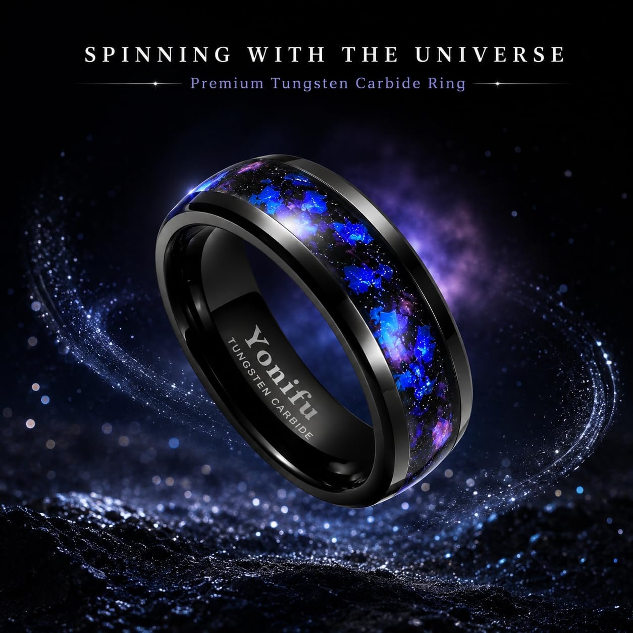 Blue Purple Galaxy Opal Tungsten Carbide Rings for Men Women, Black Silver Nebula Inlay Wedding Bands, Polished Comfort Fit Engagement Promise Ring 8MM