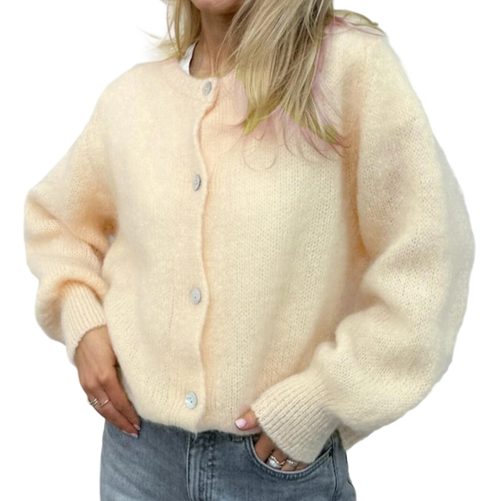 Women Button Up Cardigan Sweater Y2k Fuzzy Contrast Trim Crew Neck Long Sleeve Cable Cardigan Coat Going Out Fall Warm Knitwear (F-07, L)