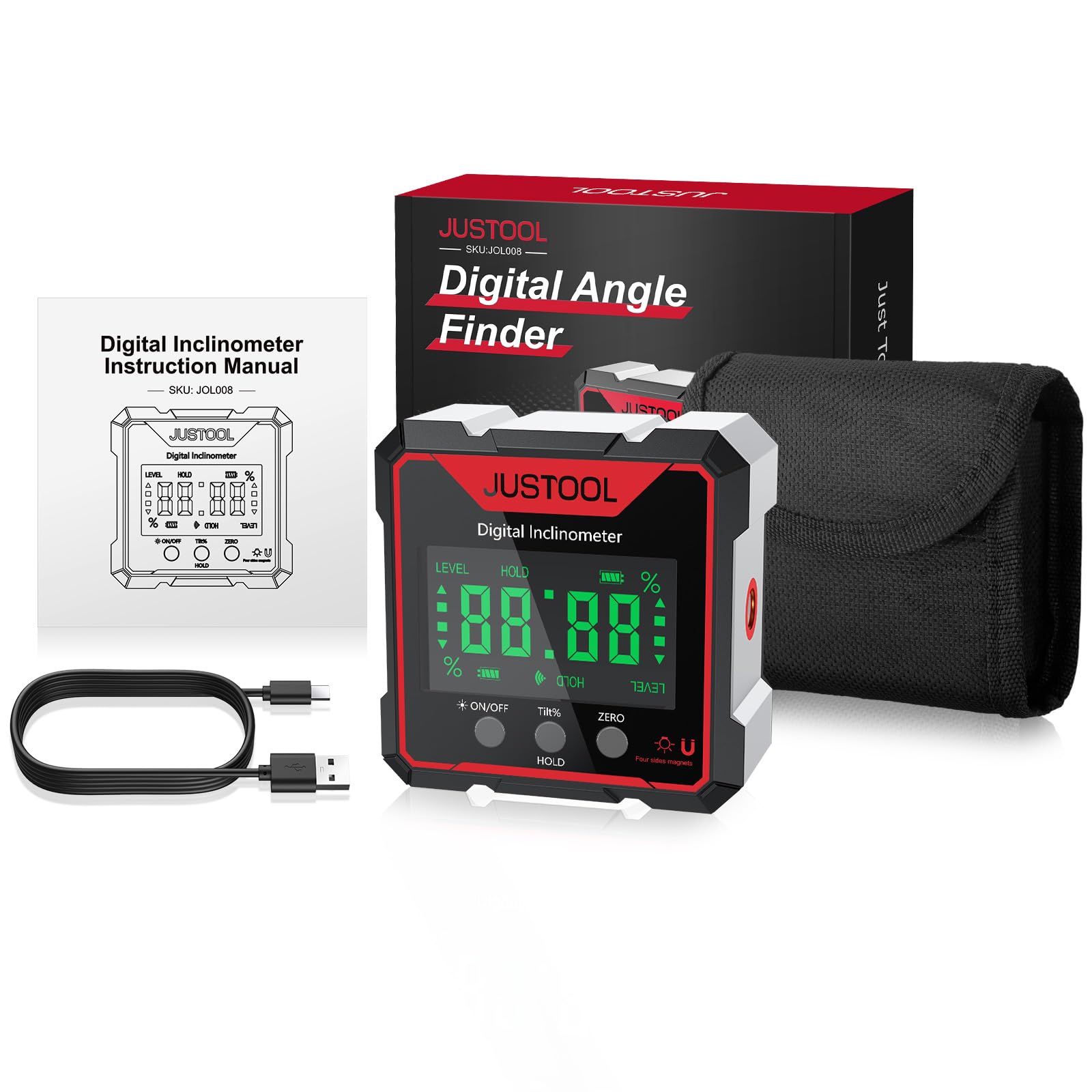 JUSTOOL 4 * 90° Inclinomètre Rapporteur LCD Numérique Inclinomètre Jauge D’angle Laser Niveau à Bulle IP54 Boîte de Niveau étanche Boîte de Nivellement Magnétique à 4 Côtés Boîte Biseautée | Inclinomètre numérique avec 4 aimants latéraux, écran LCD rétroé