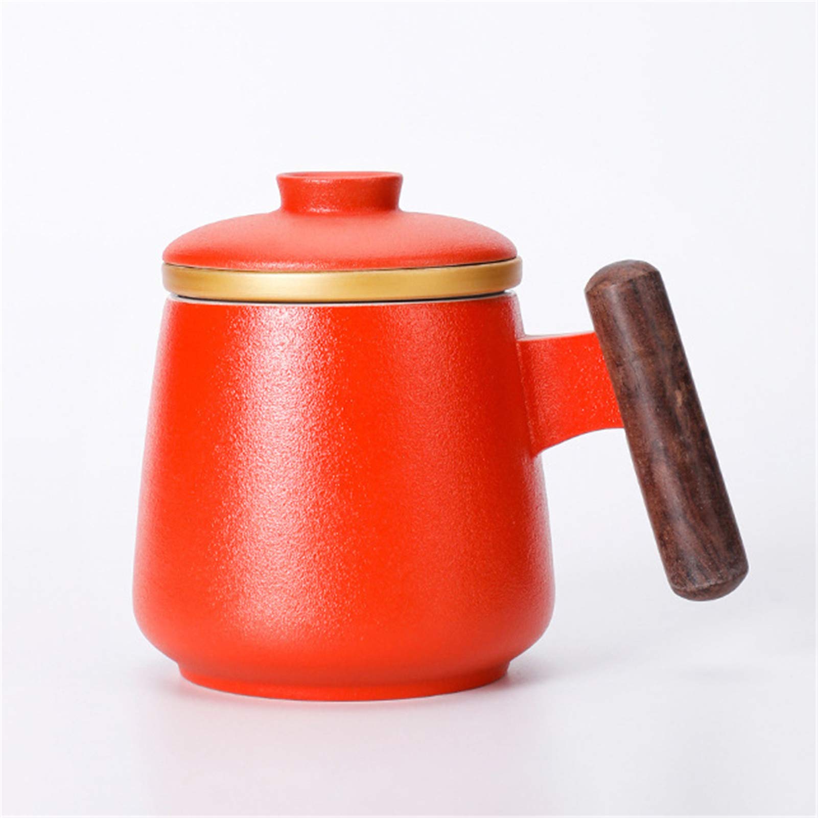 Taza De Té De Cerámica con Mango De Madera Anti-Quemaduras, Tazas De Té con Tapa Y Filtro, Mugs con Separación De Té Filtrada para Oficina, Hogar O Regalo (Rojo)