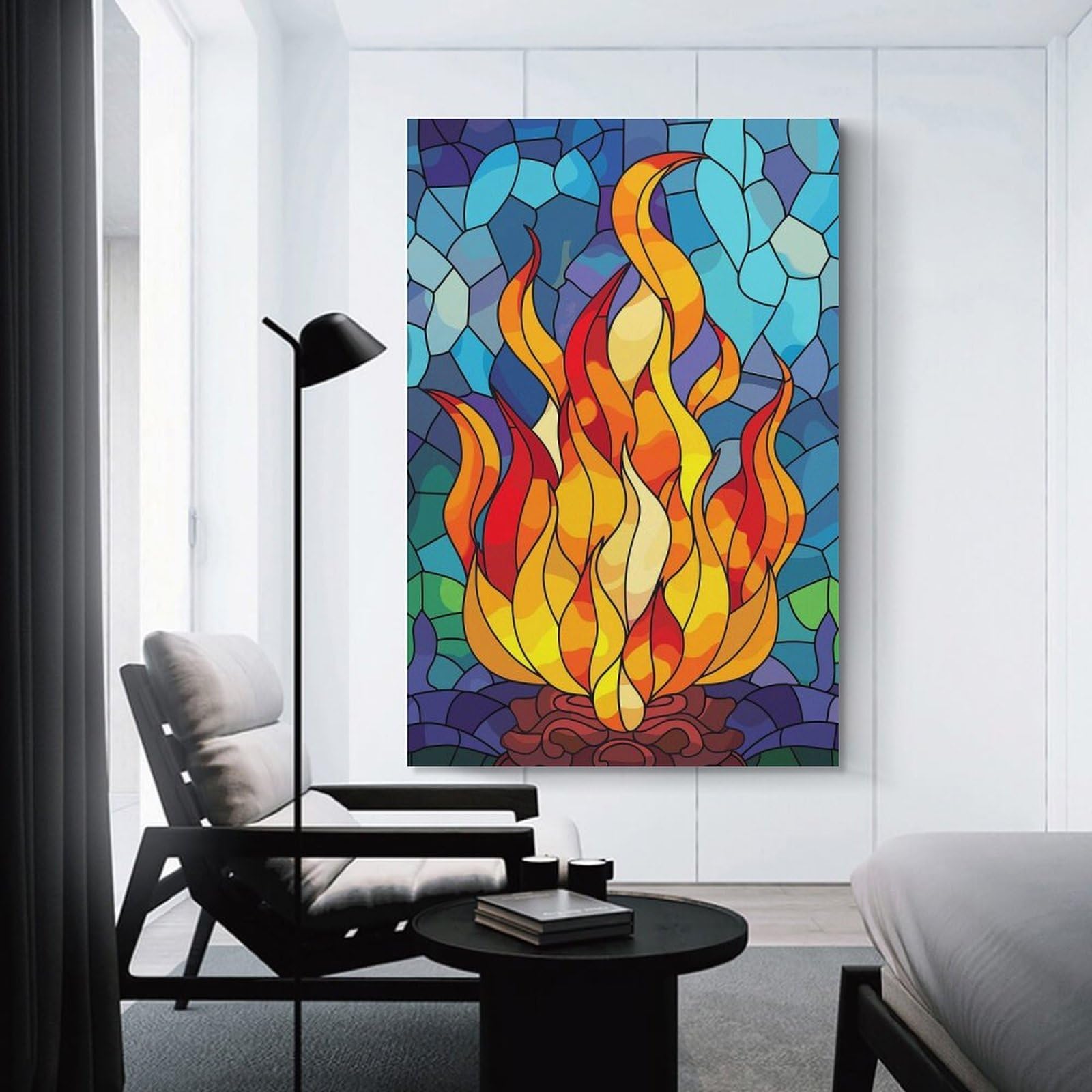 Junmoney Stained Glass Fire Room Decor Wall Art 20x30inch(50x75cm), for Entrance Spaces, Stair Walls Or Halls, A Neat Decor Update for Hallways