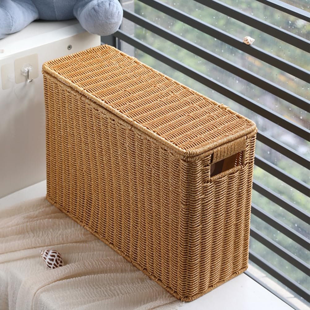 OSALADI Cesta tejida con tapa y asa, 38 x 27 x 15 cm, cesta para juguetes, revistas, verduras, artículos diversos, contenedor de almacenamiento portátil para el hogar y la oficina