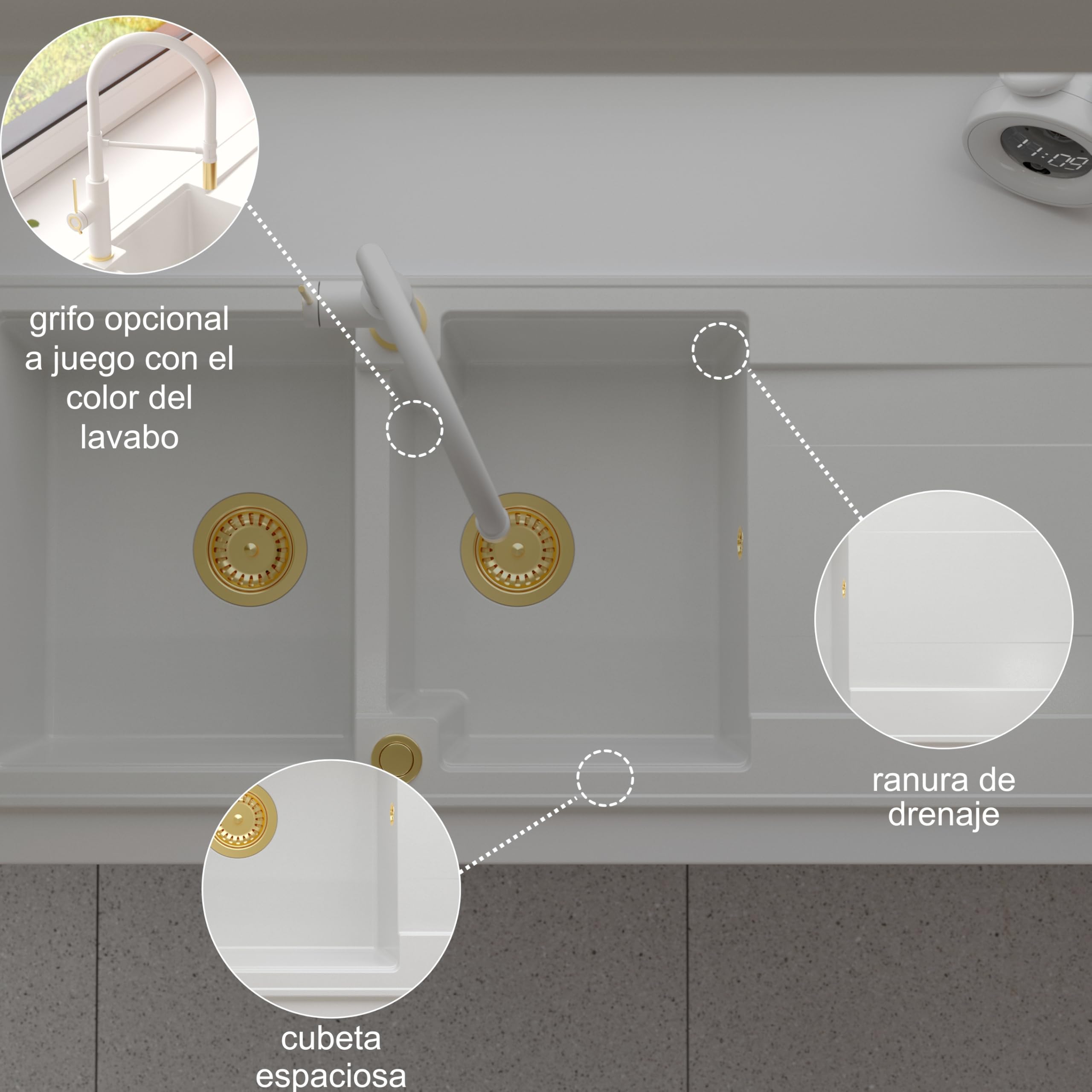 QUADRON fregadero doble cubeta blanco, EVAN 121 GraniteQ, fregadero de granito de 2 cubetas en 1160x500x210 mm, Push 2 Open fregadero con sifón y escurridor, elementos de cobre PVD
