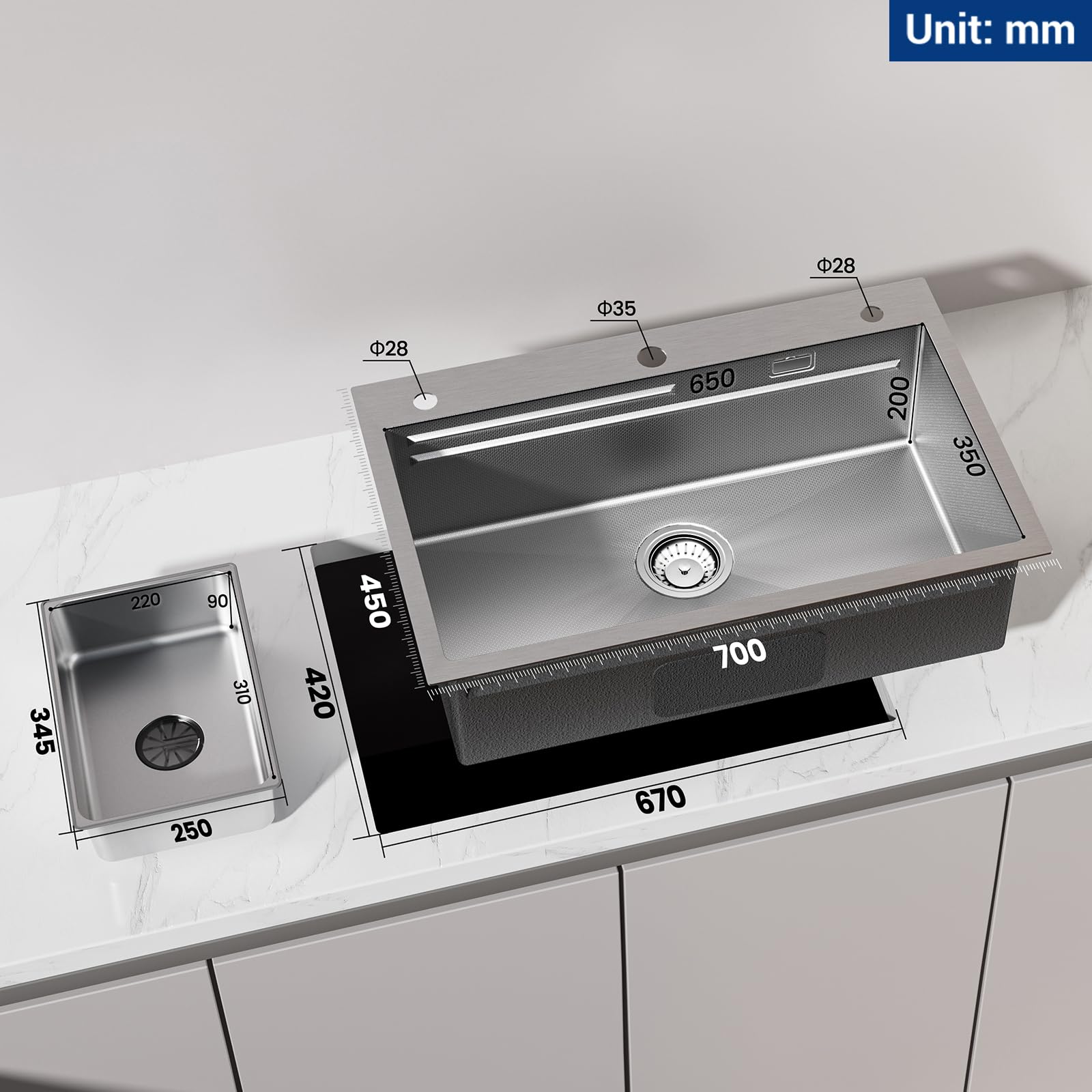 CECIPA Lavandino Cucina 70x45 CM, Lavello Cucina 1 Vasca con Dispenser Sapone, Lavabo Cucina con Vasca Mobile e Tagliere, Lavello in Acciaio Inox 201 con Sifone e Set di Drenaggio