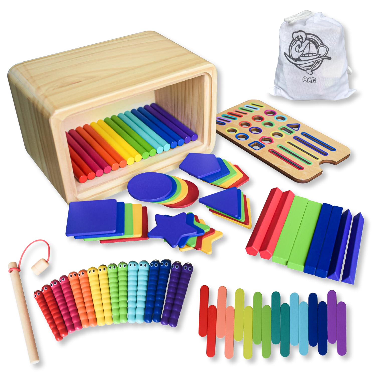 OAR Montessori-Aktivitätsspielzeug aus Holz für Kleinkinder – Multi-Fähigkeiten-Lernset mit Farbsortierung, Stapeln, Feinmotorikaktivitäten, kreatives, logisches und pädagogisches Geschenk für Jungen