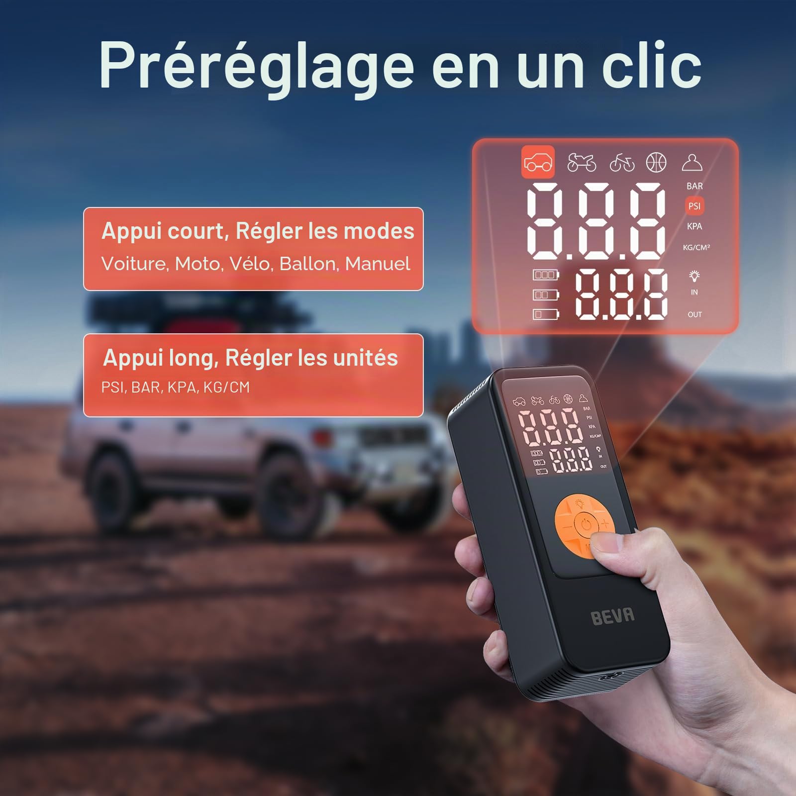 BEVA Gonfleur Pneus Voiture, Gonfleur Electrique Gonflage en 1 Minute | 150PSI/10,3BAR Compresseur à Air Portatif avec Lampe LED , Pompe a Velo, Arrêt Automatique, pour Voiture, Moto, Vélo, Ballon