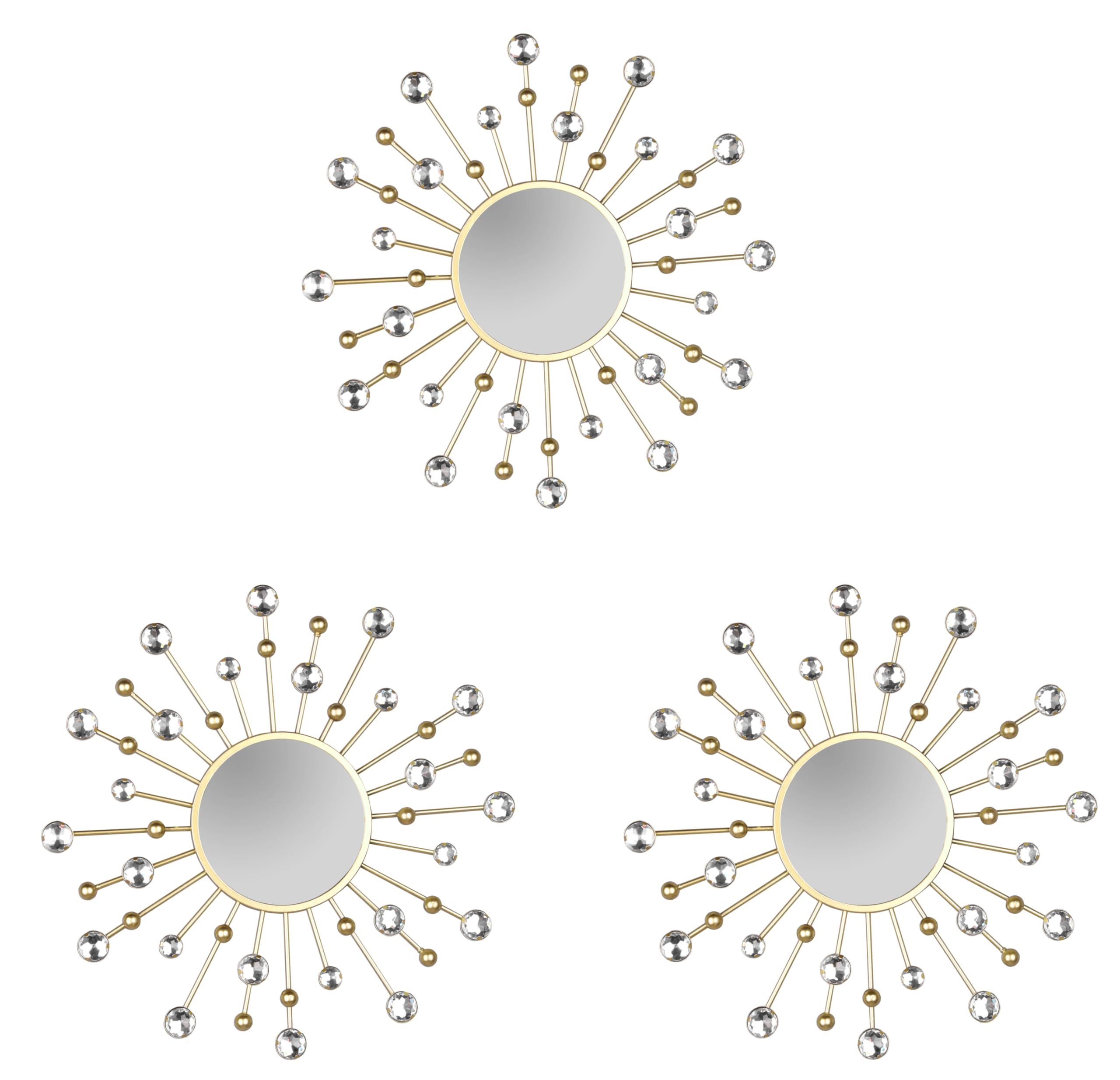 Melanie - Set di 3 specchi da parete con cornice dorata con sfere decorative e cristalli, diametro 25,5 cm